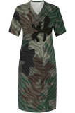 Blue Casual Street Camouflage Print Letters Pocket Contrast V Neck Printed Plus Size Dresses