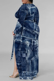Pink Elegant Geometric Print Flowers Faux Denim Print Lace Up Slit Contrast V Neck Printed Plus Size Dresses