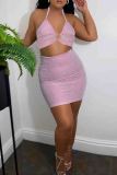 Pink Sexy Solid Color Patchwork Backless Slit Strap Design Halter Sleeveless Two Pieces