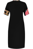 Blue Casual Street Camouflage Print Letters Pocket Contrast V Neck Printed Plus Size Dresses