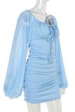 Blue Sexy Solid Color Patchwork Ruched Strap Design U Neck Wrapped Skirt Dresses