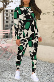 Black Brown Casual Street Geometric Print Contrast O Neck Long Sleeve Two Pieces