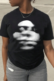 Black Casual Street Figure Print O Neck T-Shirts