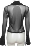 Black Sexy Solid Color Patchwork See-Through Turndown Collar Tops