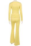Yellow Casual Solid Color Patchwork U Neck Long Sleeve Two Pieces