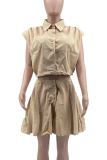 Blue Casual Solid Color Draw String Buckle Patchwork Ruched Mandarin Collar Sleeveless Two Pieces