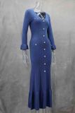 Black Elegant Solid Color Buckle Patchwork V Neck Long Dresses