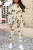 Black Brown Casual Street Geometric Print Contrast O Neck Long Sleeve Two Pieces