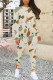 Apricot Casual Street Geometric Print Contrast O Neck Long Sleeve Two Pieces