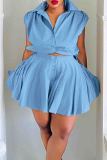 Blue Casual Solid Color Draw String Buckle Patchwork Ruched Mandarin Collar Sleeveless Two Pieces