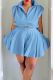 Blue Casual Solid Color Draw String Buckle Patchwork Ruched Mandarin Collar Sleeveless Two Pieces