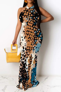 Multicolor Sexy Colorblock Chain print Contrast O Neck One Step Skirt Dresses