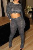 Dark Gray Casual Solid Color Patchwork O Neck Long Sleeve Two Pieces