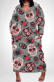 Dark Gray Casual Skull Head Graffiti Print Pocket Contrast V Neck Printed Plus Size Dresses