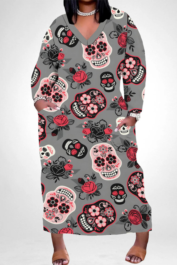 Dark Gray Casual Skull Head Graffiti Print Pocket Contrast V Neck Printed Plus Size Dresses
