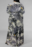 Pink Elegant Geometric Print Flowers Faux Denim Print Lace Up Slit Contrast V Neck Printed Plus Size Dresses