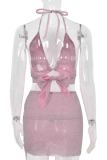 Pink Sexy Solid Color Patchwork Backless Slit Strap Design Halter Sleeveless Two Pieces