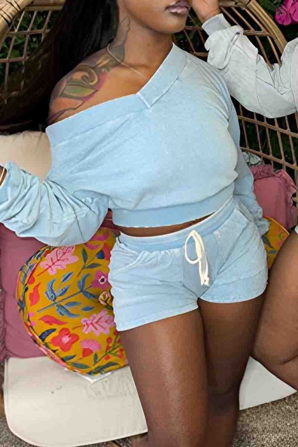 Sky Blue Casual Solid Color Pocket Lace Up Patchwork V Neck Long Sleeve Two Pieces