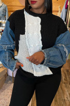 Black Casual Ripped Patchwork Contrast O Neck Tops