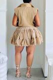Blue Casual Solid Color Draw String Buckle Patchwork Ruched Mandarin Collar Sleeveless Two Pieces