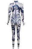 Deep Blue Sexy Print Patchwork Half A Turtleneck Skinny Jumpsuits