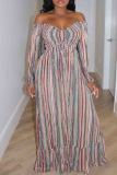 Colour Elegant Print Patchwork Backless Off Shoulder Long Dresses