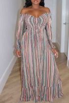 Colour Elegant Print Patchwork Backless Off Shoulder Long Dresses
