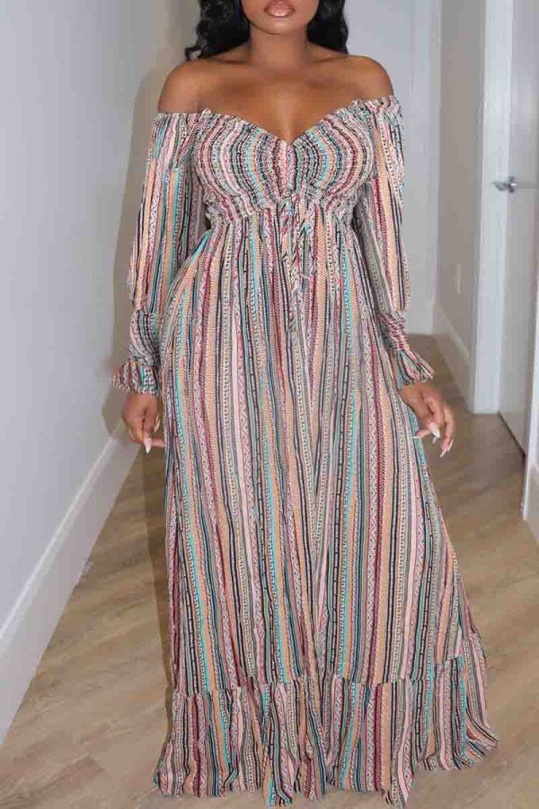 Colour Elegant Print Patchwork Backless Off Shoulder Long Dresses