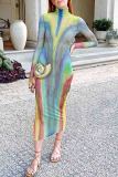 Green Elegant Print Patchwork Turtleneck Long Dresses