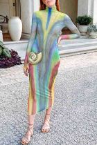 Green Elegant Print Patchwork Turtleneck Long Dresses