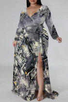 Gray Blue Elegant Geometric Print Flowers Faux Denim Print Lace Up Slit Contrast V Neck Printed Plus Size Dresses