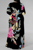 Pink Elegant Geometric Print Flowers Faux Denim Print Lace Up Slit Contrast V Neck Printed Plus Size Dresses