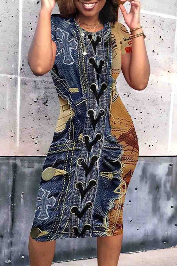 Brown Casual Print Patchwork O Neck Wrapped Skirt Dresses