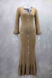 Black Elegant Solid Color Buckle Patchwork V Neck Long Dresses