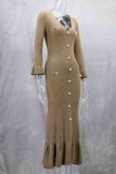 Black Elegant Solid Color Buckle Patchwork V Neck Long Dresses