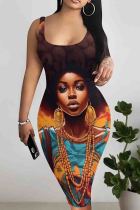 Dark Brown Casual Print Patchwork U Neck Wrapped Skirt Dresses