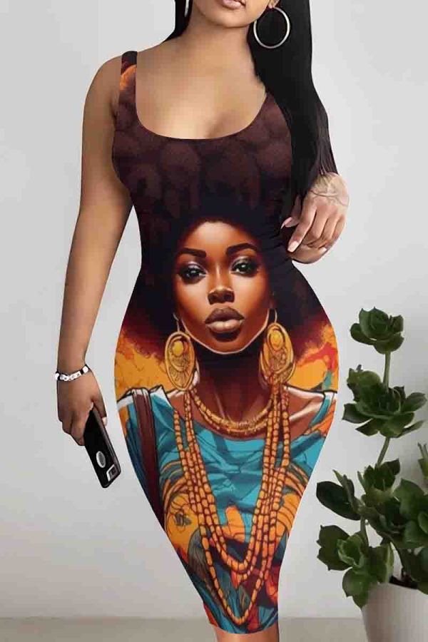Dark Brown Casual Print Patchwork U Neck Wrapped Skirt Dresses