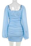 Blue Sexy Solid Color Patchwork Ruched Strap Design U Neck Wrapped Skirt Dresses