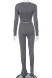 Dark Gray Casual Solid Color Patchwork O Neck Long Sleeve Two Pieces