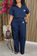 Blue Casual Letter Print Pocket Buttons Turndown Collar Short Sleeve Two Pieces