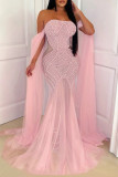 Brown Sexy Formal Solid Color Patchwork Backless Pearls Decor Hot Drill Strapless Evening Dresses