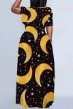 Black Yellow Casual Daily Graffiti Print Letters Contrast O Neck A Line Plus Size Dresses