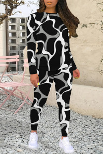 Black And White Casual Street Geometric Print Contrast O Neck Long Sleeve Two Pieces