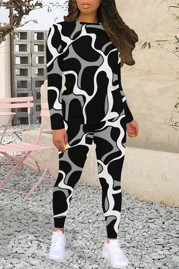 Black And White Casual Street Geometric Print Contrast O Neck Long Sleeve Two Pieces
