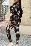 Black Brown Casual Street Geometric Print Contrast O Neck Long Sleeve Two Pieces