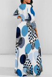 Blue White Casual Street Geometric Print Polka Dot Lace Up Contrast O Neck Printed Dresses