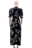 Black Elegant Print Buckle Patchwork V Neck Long Dresses