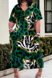 Blue Casual Street Camouflage Print Letters Pocket Contrast V Neck Printed Plus Size Dresses