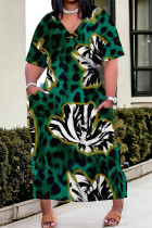Green Casual Street Camouflage Print Letters Pocket Contrast V Neck Printed Plus Size Dresses