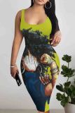 Green Casual Print Patchwork U Neck Wrapped Skirt Dresses
